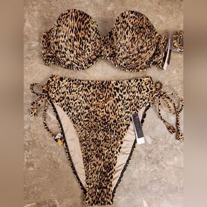 38C/M VS Swim Smocked Bandeau Bikini Top High Waist Cheeky Bikini Set Leopard